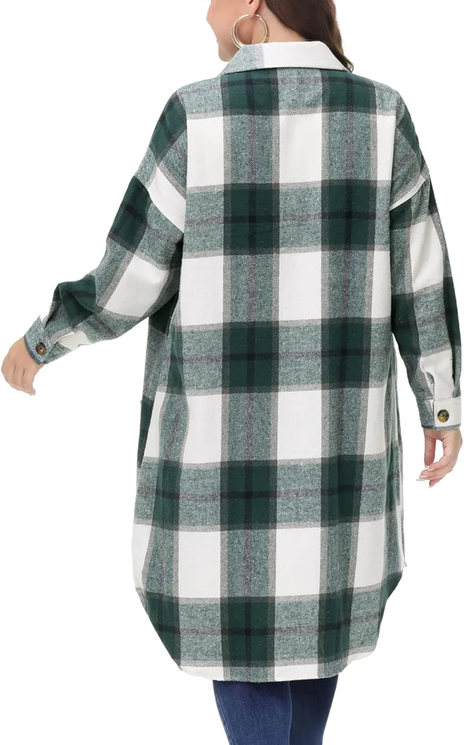 MCEDAR Women's Oversized Long Plaid Shacket Jacket Casual Lapel Long Sleeve Button Down Plus Size Flannel Shirt (S-4X)