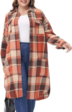 MCEDAR Women's Oversized Long Plaid Shacket Jacket Casual Lapel Long Sleeve Button Down Plus Size Flannel Shirt (S-4X)