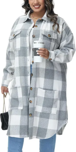 MCEDAR Women's Oversized Long Plaid Shacket Jacket Casual Lapel Long Sleeve Button Down Plus Size Flannel Shirt (S-4X)