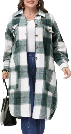 MCEDAR Women's Oversized Long Plaid Shacket Jacket Casual Lapel Long Sleeve Button Down Plus Size Flannel Shirt (S-4X)