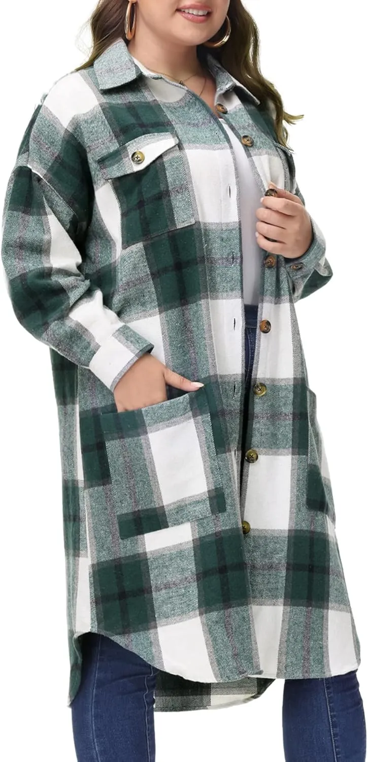 MCEDAR Women's Oversized Long Plaid Shacket Jacket Casual Lapel Long Sleeve Button Down Plus Size Flannel Shirt (S-4X)