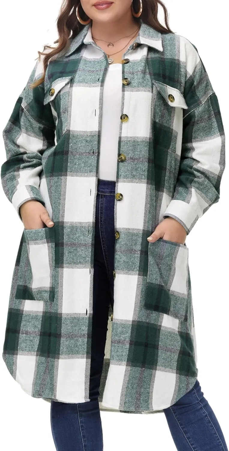 MCEDAR Women's Oversized Long Plaid Shacket Jacket Casual Lapel Long Sleeve Button Down Plus Size Flannel Shirt (S-4X)