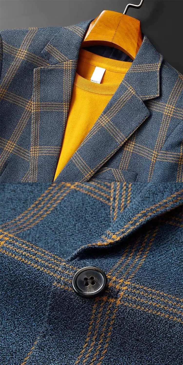 Men's Checked Blazer One Button Suit Jacket for Casual Daily Business Sport Coat