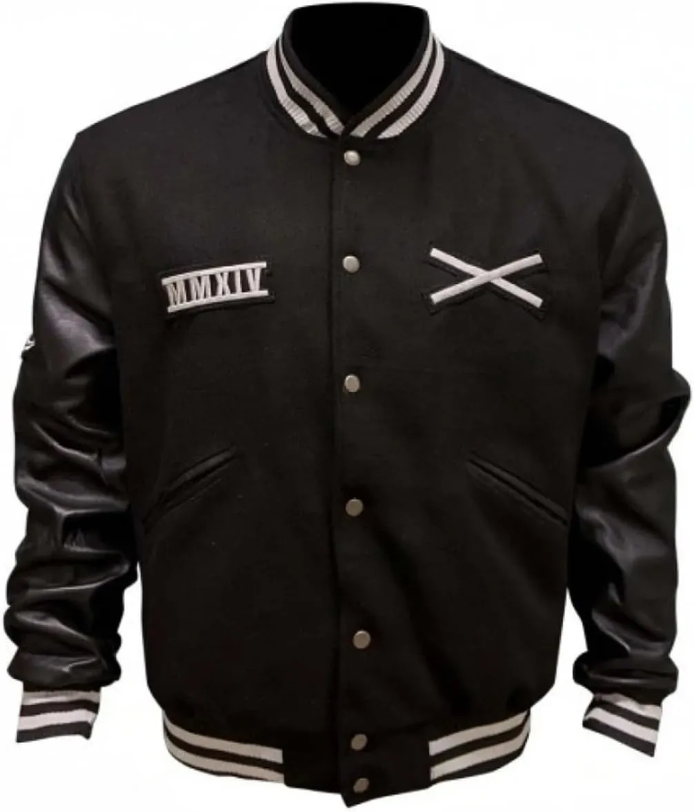 Mens Concert Rockstar XO Black Baseball Bomber Varsity Letterman Leather Jacket
