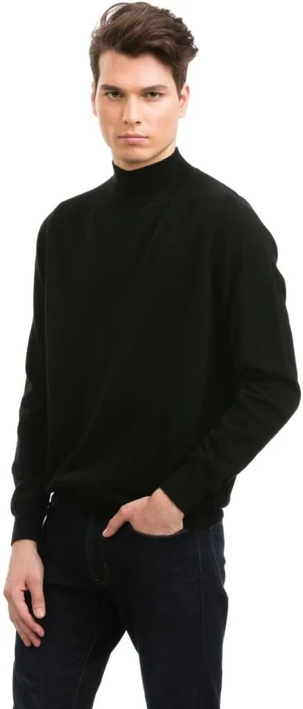 Men's Mock Turtle Neck Sweater - Pure Cashmere Long Sleeve Slim Fit Knitted Pullover Casual Black