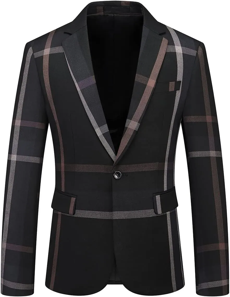 Men's One Button Checked Blazer Notch Lapel Prom Business Casual Coat