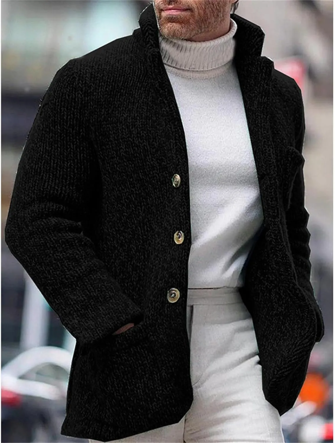 Men's Open Front Lightweight Stand Collar Cardigan Casual Button Down Knit Cardigan Sweaters Wool Blend Jacket Coat