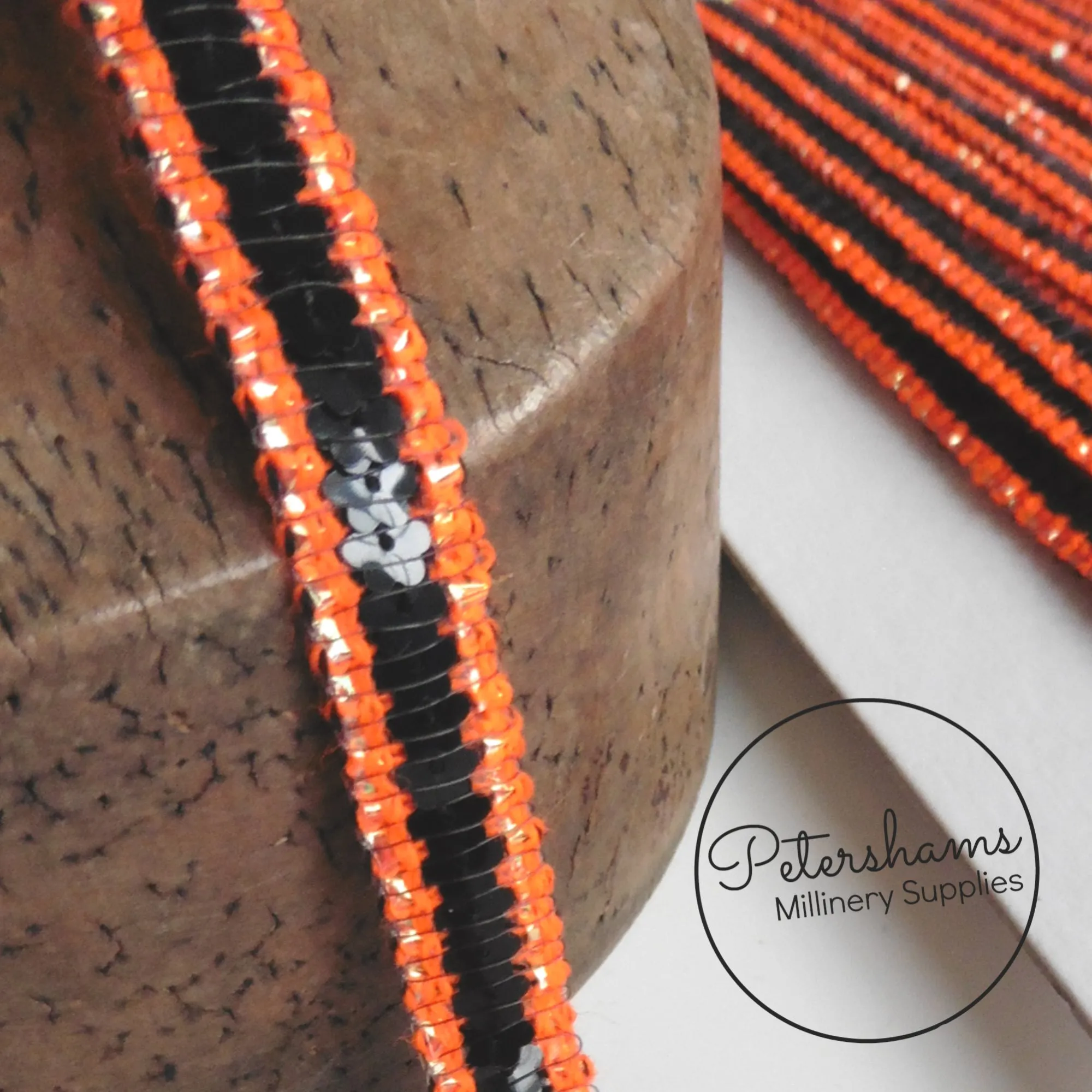 Neon Orange Wool and Black Flower Sequin Trim with Lurex - 1m