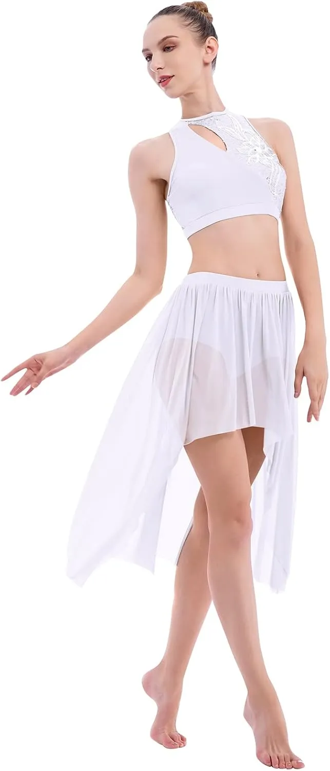ODASDO Women 2 Piece Lyrical Dance Costume Adult Modern Contemporary Dancewear Sequin Crop Top Mesh Tulle Leotard Skirt