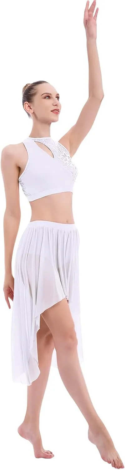 ODASDO Women 2 Piece Lyrical Dance Costume Adult Modern Contemporary Dancewear Sequin Crop Top Mesh Tulle Leotard Skirt