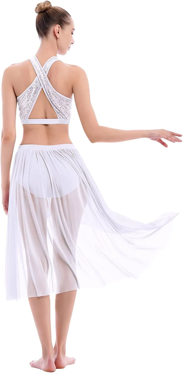 ODASDO Women 2 Piece Lyrical Dance Costume Adult Modern Contemporary Dancewear Sequin Crop Top Mesh Tulle Leotard Skirt