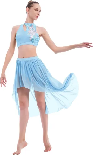 ODASDO Women 2 Piece Lyrical Dance Costume Adult Modern Contemporary Dancewear Sequin Crop Top Mesh Tulle Leotard Skirt