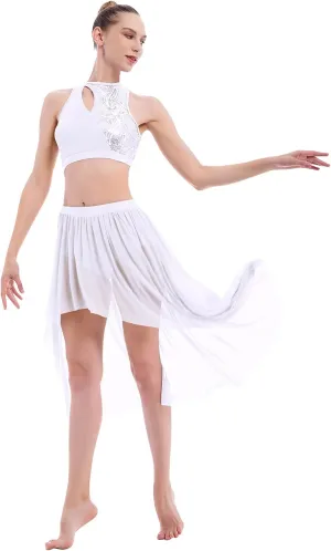 ODASDO Women 2 Piece Lyrical Dance Costume Adult Modern Contemporary Dancewear Sequin Crop Top Mesh Tulle Leotard Skirt