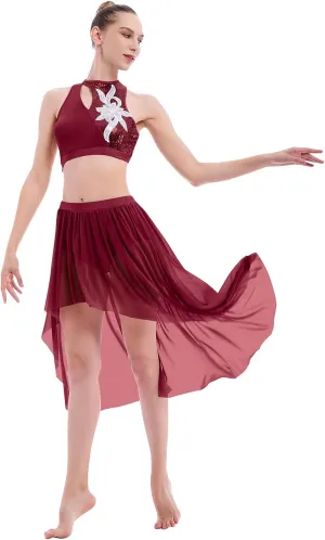 ODASDO Women 2 Piece Lyrical Dance Costume Adult Modern Contemporary Dancewear Sequin Crop Top Mesh Tulle Leotard Skirt