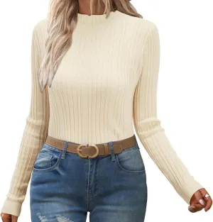 OUGES Womens 2024 Spring Summer Tops Basic Slim Fit Sweaters Turtleneck T Shirts Business Casual Outfits