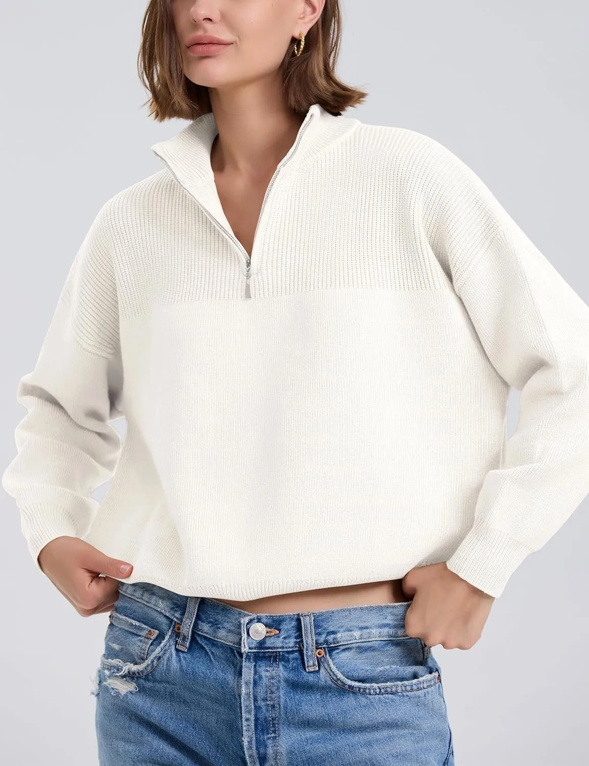PrettyGuide Women's Long Sleeve Quarter Zip Oversized Pullover Striped Sweater Casual Mock Neck Loose Ribbed Knit Tops