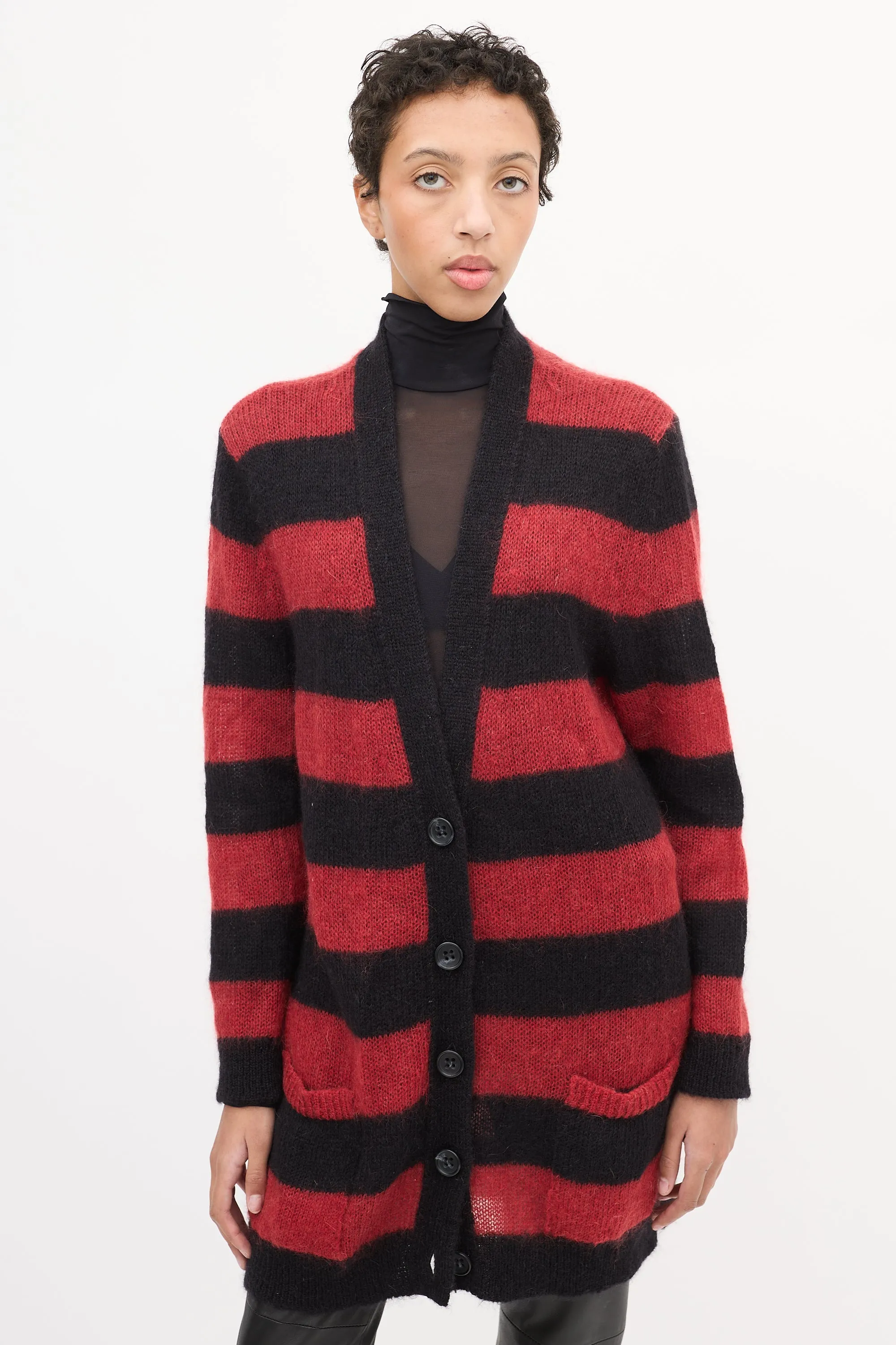 Red & Black Mohair Striped Cardigan
