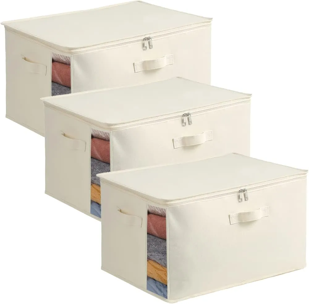 Vailando 3-Pack Large Canvas Comforter Storage Bags for Clothes Sweater Clothes Organizer with Dual Zipper Three Carrying Handles for Blanket Closet Storage Container