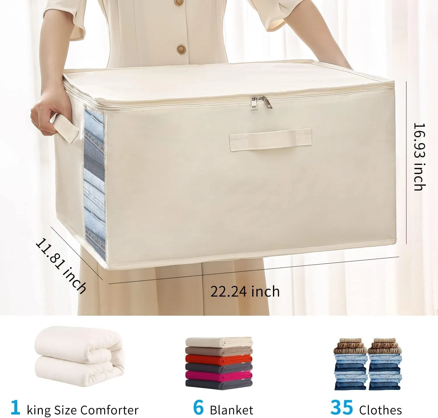 Vailando 3-Pack Large Canvas Comforter Storage Bags for Clothes Sweater Clothes Organizer with Dual Zipper Three Carrying Handles for Blanket Closet Storage Container