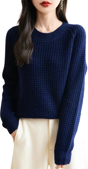 Women's Crewneck 100% Merino Wool Sweater 2025 Fall Winter Waffle Knit Sweater Casual Warm Long Sleeve Pullover