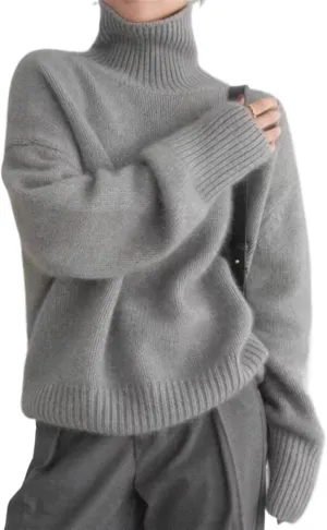 Women's Cropped Turtleneck Sweater Solid Color Long Sleeve Loose Rib Knit Pullover Lazy Style