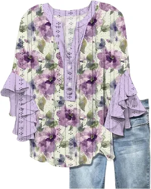 Women's Eyelet Poncho Tops Half Sleeve Tops Trendy Casual Lightweight Flowy Shirt Ruffles Hem Dressy Elegant Blouse