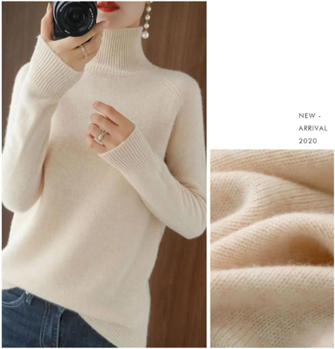 Women's Solid Turtleneck Cashmere Knit SweaterWool Fall Winter Casual Long Sleeve Sweaters Crew Neck Pullover