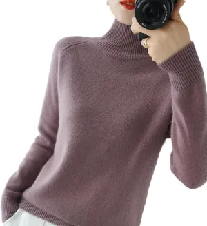 Women's Solid Turtleneck Cashmere Knit SweaterWool Fall Winter Casual Long Sleeve Sweaters Crew Neck Pullover