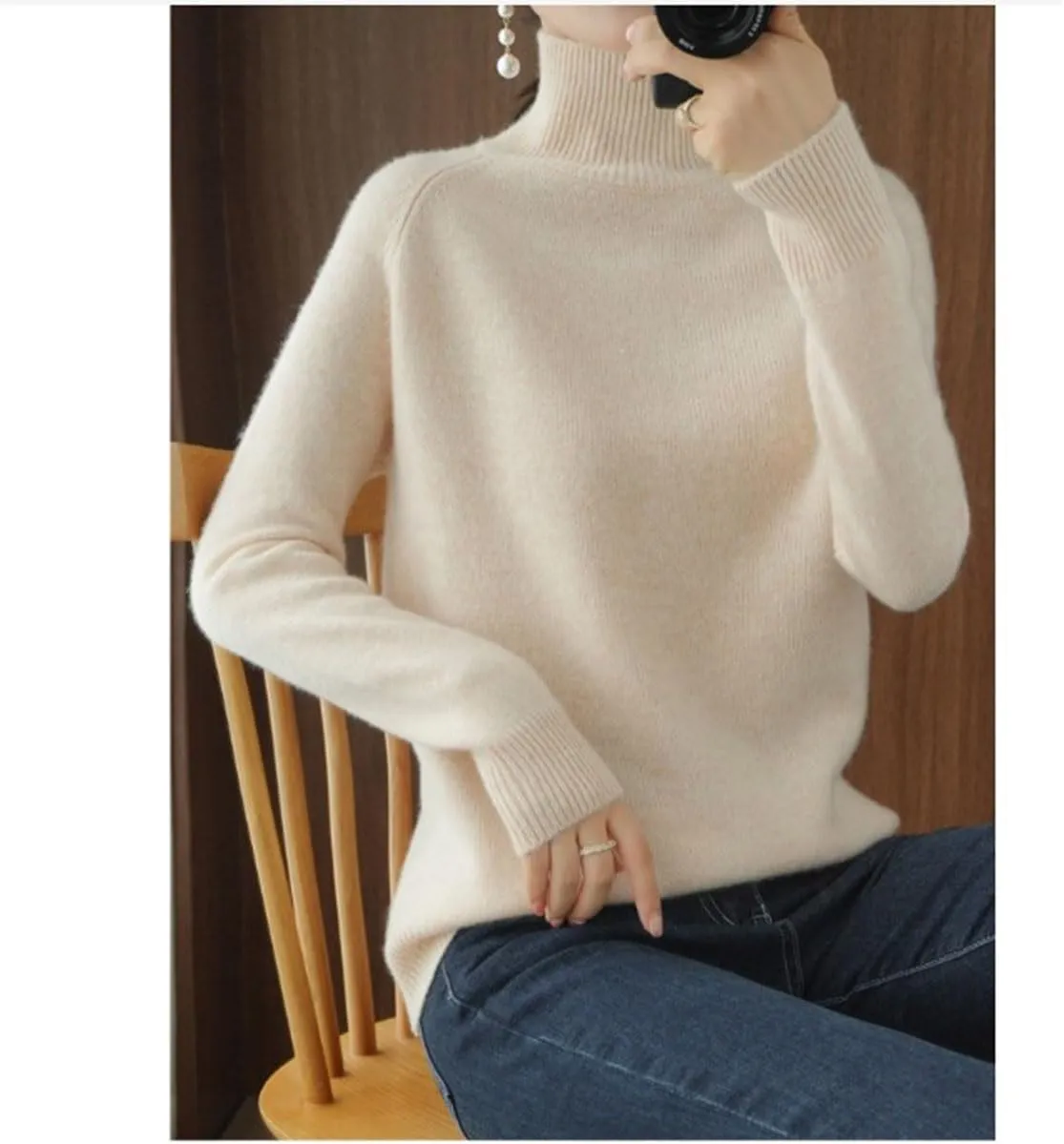 Women's Solid Turtleneck Cashmere Knit SweaterWool Fall Winter Casual Long Sleeve Sweaters Crew Neck Pullover