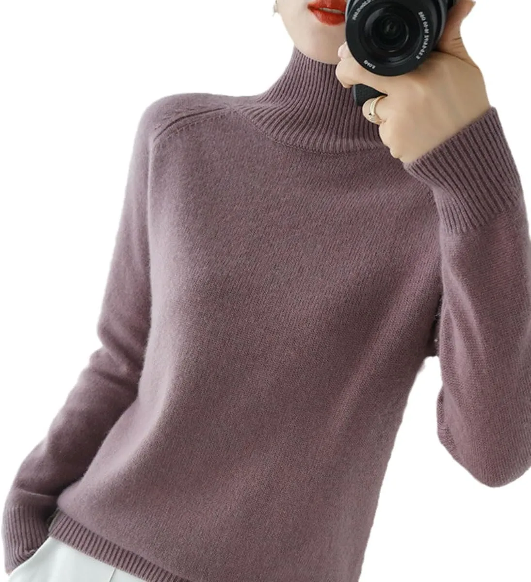 Women's Solid Turtleneck Cashmere Knit SweaterWool Fall Winter Casual Long Sleeve Sweaters Crew Neck Pullover