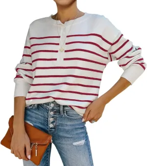 Womens Striped Henley Sweaters Soft Lightweight Long Sleeve Crew Neck Loose Fit Knit Pullover Tops
