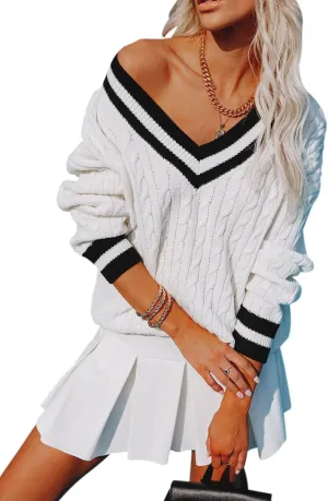 Womens V Neck Oversized Sweaters Long Sleeve Cable Knit Pullover Striped Chunky Sweater Casual Tennis Tunic Tops