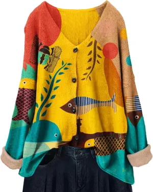 YESNO Women's Fall V-Neck Cardigan Sweaters Casual Graphic Oversized Open Front Button Down Long Sleeves Knit Tops SCV
