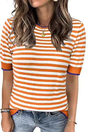 Zeagoo Womens Summer Tops Casual Short Sleeve Striped Sweater Shirt Crewneck Color Block Knit Blouses