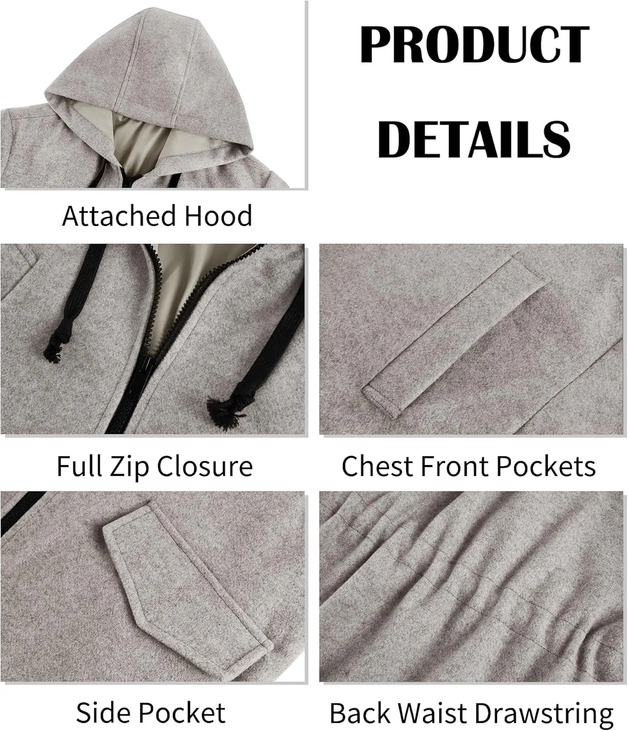 ZIWOCH Mens Trench Coat Wool Blend Hoodie Long Jacket Full Zip Winter Classic Business Overcoat