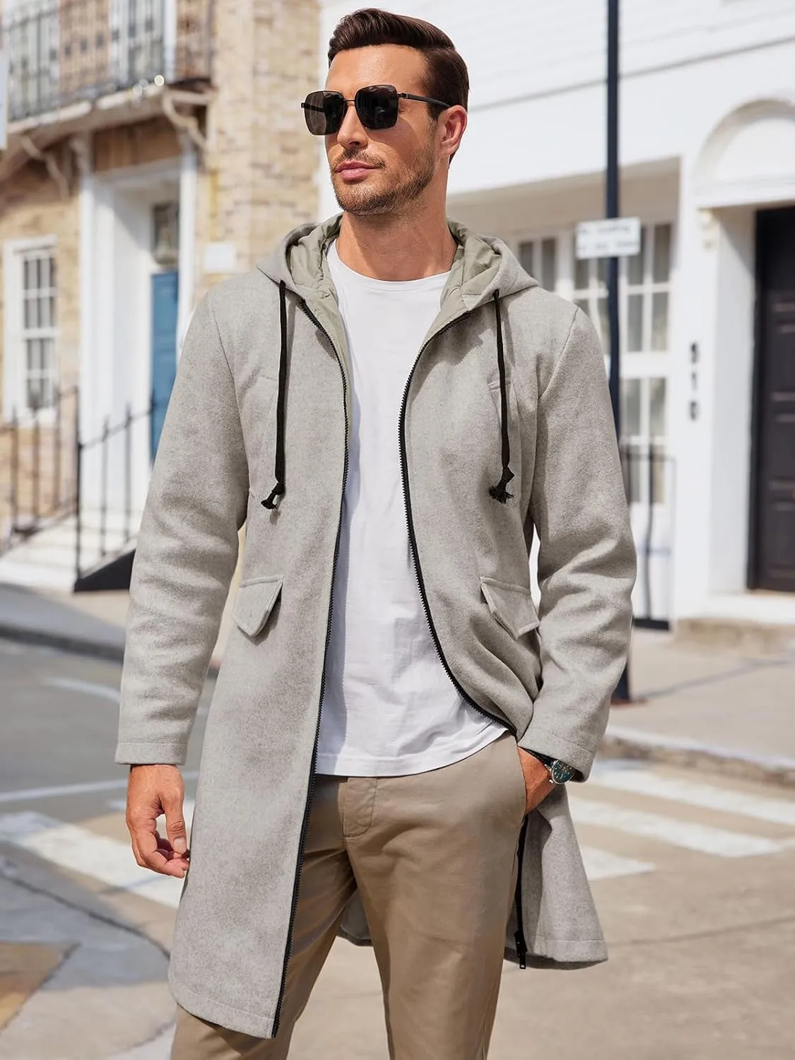 ZIWOCH Mens Trench Coat Wool Blend Hoodie Long Jacket Full Zip Winter Classic Business Overcoat