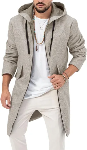 ZIWOCH Mens Trench Coat Wool Blend Hoodie Long Jacket Full Zip Winter Classic Business Overcoat