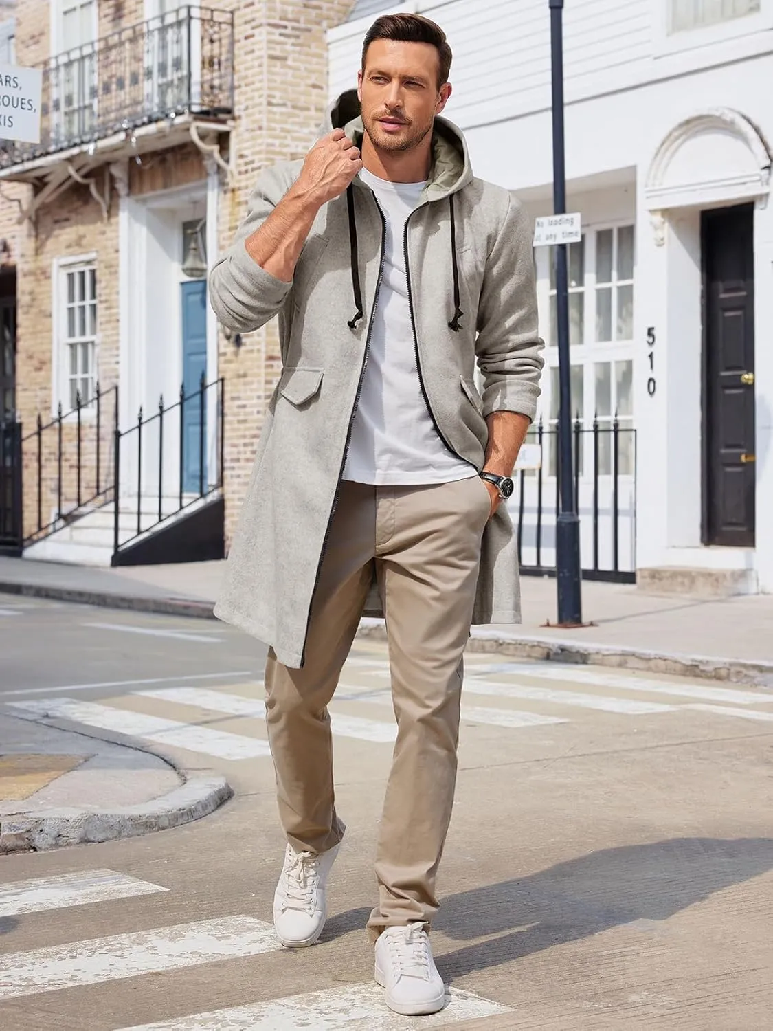 ZIWOCH Mens Trench Coat Wool Blend Hoodie Long Jacket Full Zip Winter Classic Business Overcoat